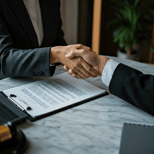 Advocate and client shaking hands over a contract