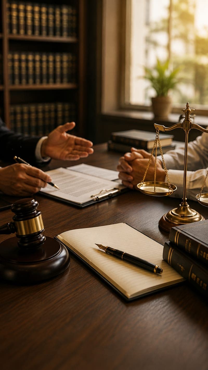 Advocate consulting with a client over legal documents, with a gavel and scales of justice on the desk